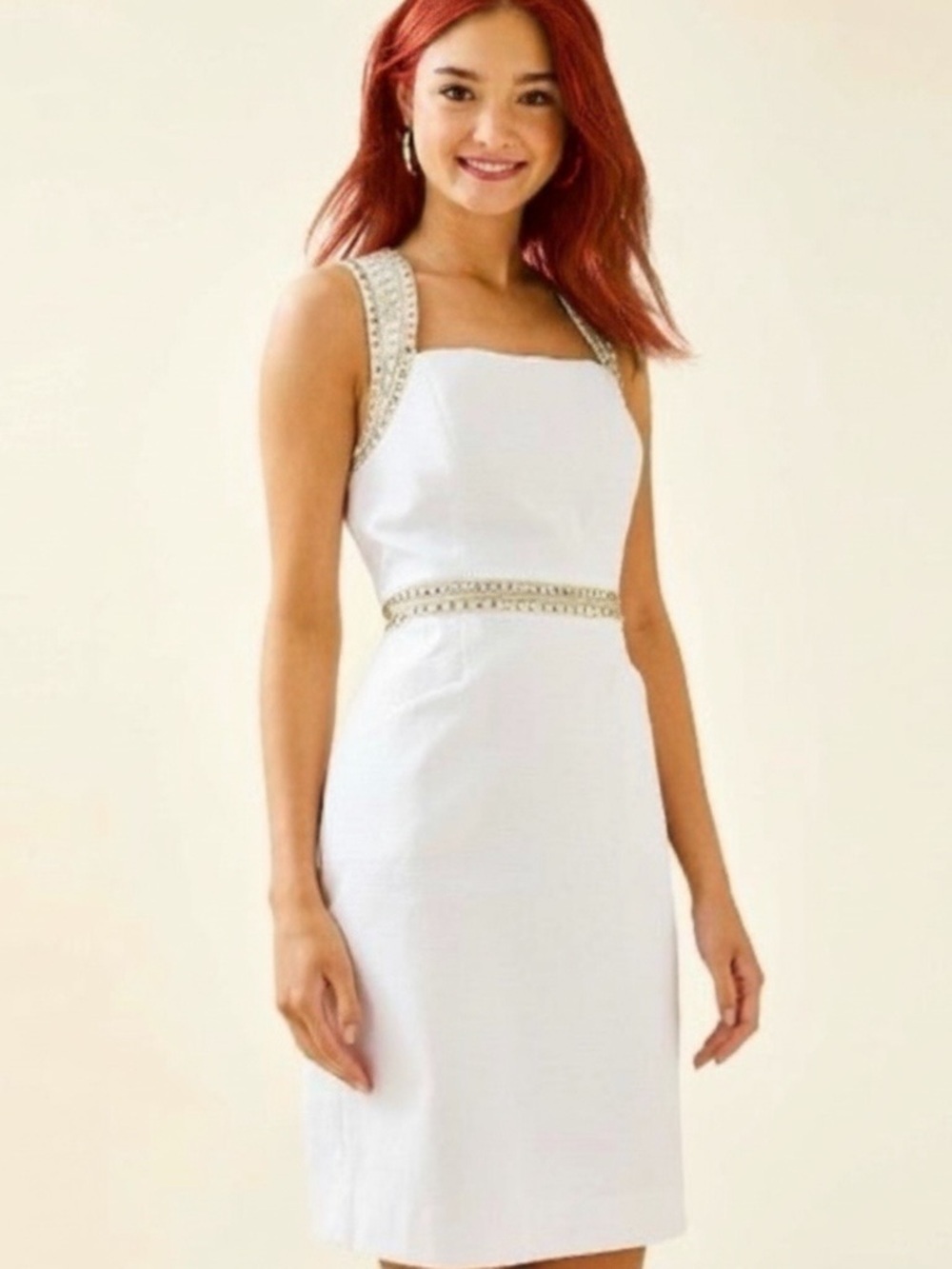 Lilly Pulitzer Dana Stretch White Shift Dress, Size2 Embroidery/Sequins